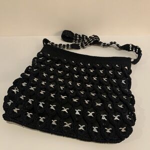 Black Crocheted Shoulder Purse Metal Accents Macramé Boho Whimsygoth Grunge